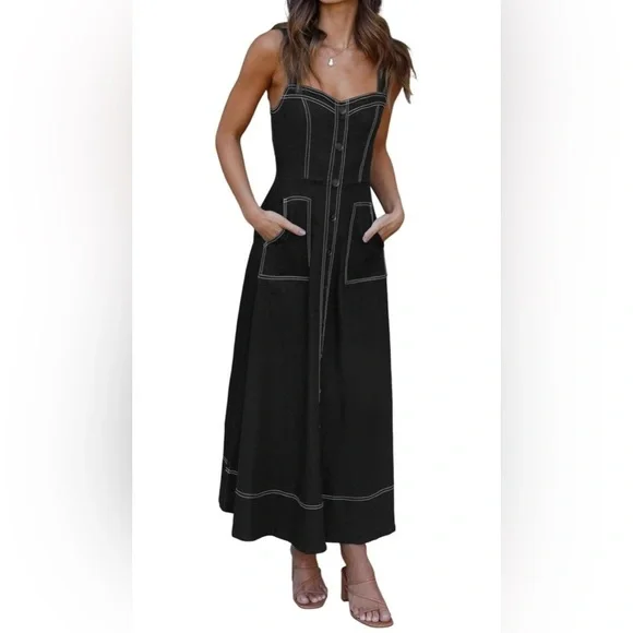 NWOT Denim Dress Sleeveless Adjustable Straps A Line Maxi Dress with Pockets - Picture 4 of 15